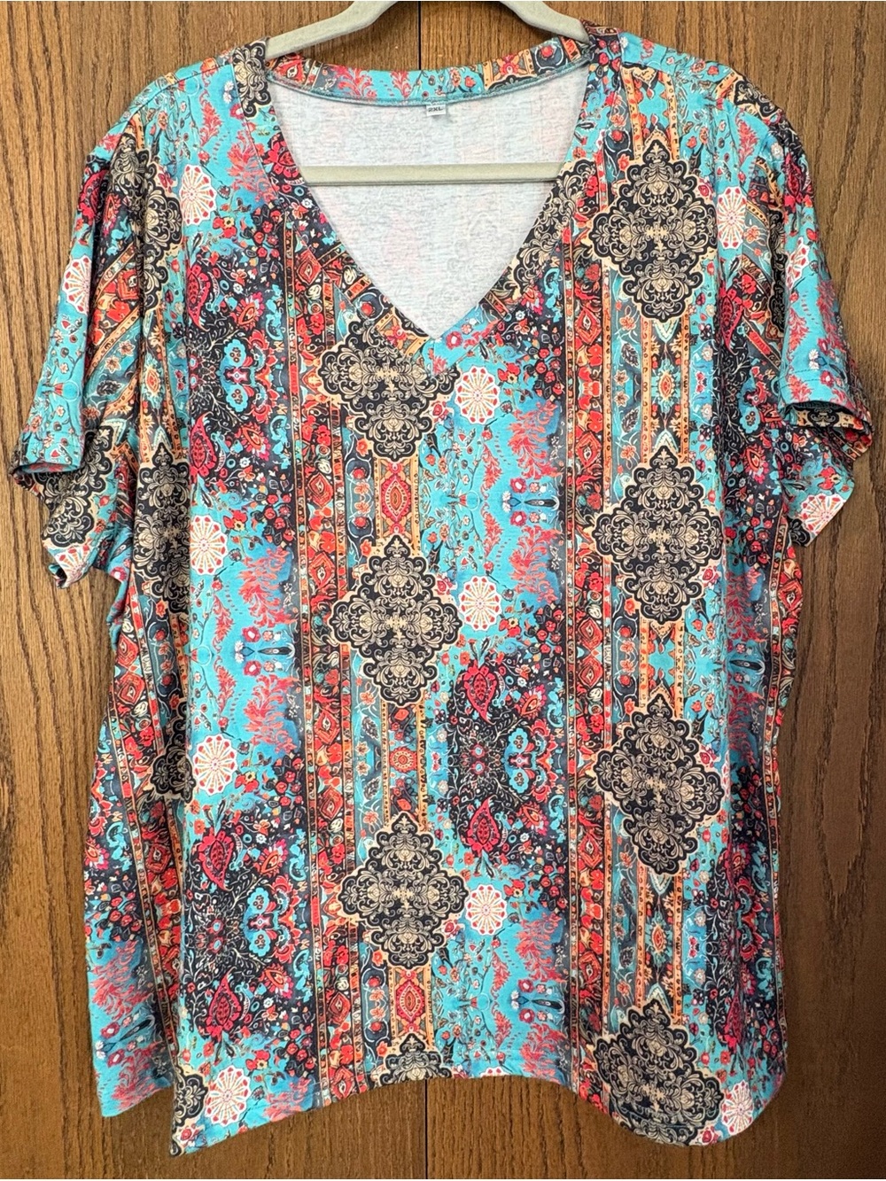 Women's V-Neck Printed Short Sleeve Top - Turquoise Multi